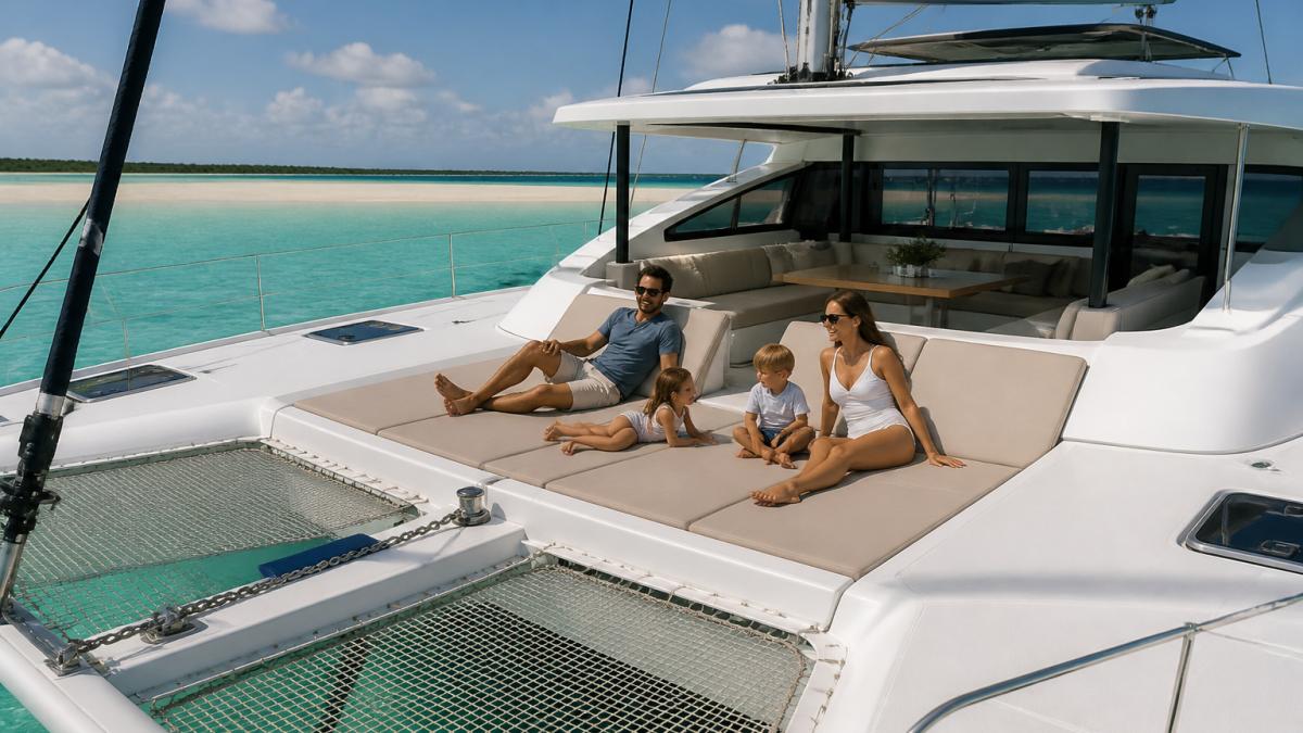 A family with children relaxing on the wide, flat foredeck of a catamaran at anchor, sunpads and a shaded cockpit behind them, calm shallow turquoise water and a sandbar in the background