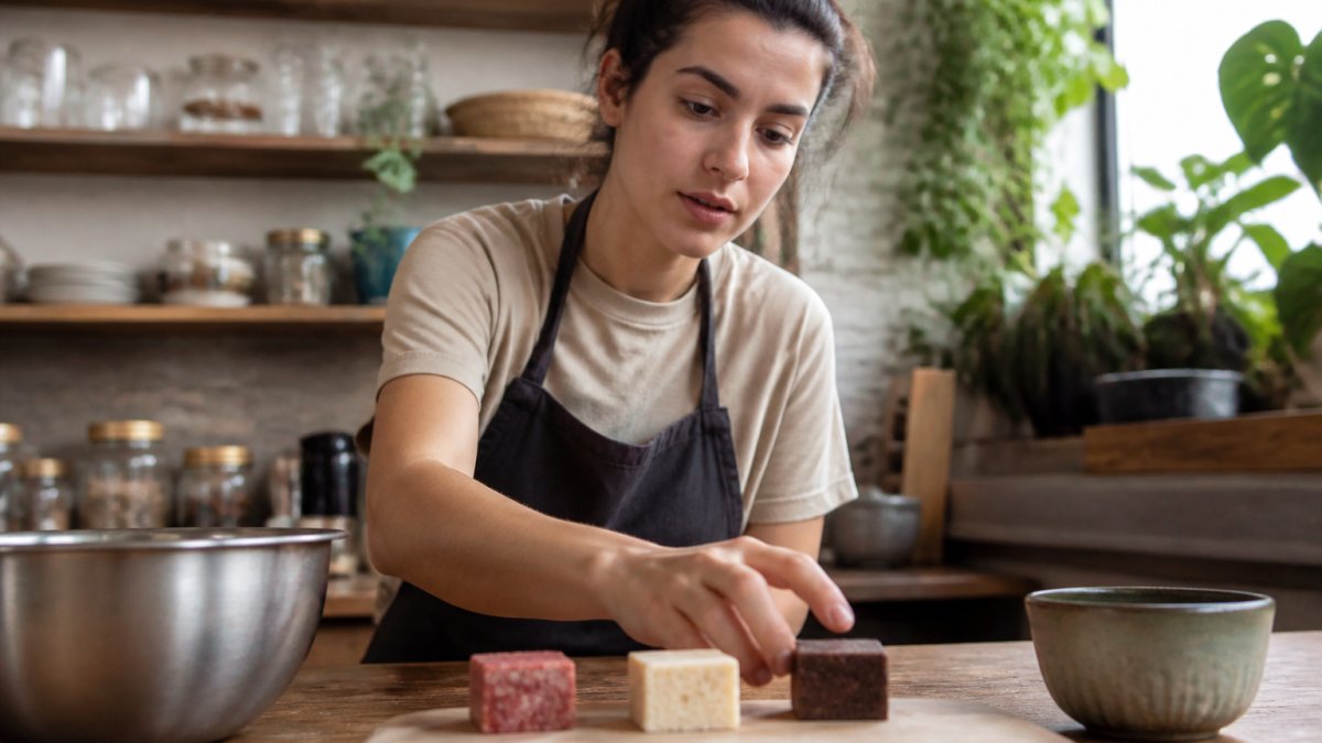 Hand reaching to pick up raspberry, vanilla and chocolate cubes from a wooden board