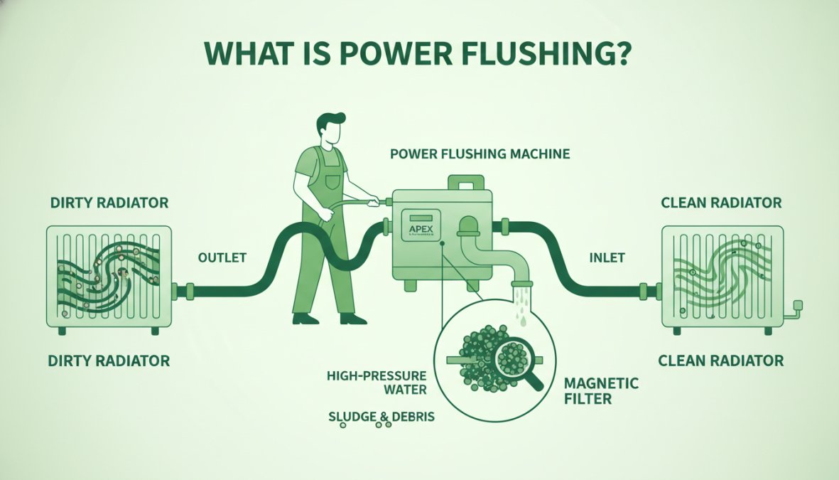 Professional heating engineer operating a power flushing machine connected to central heating radiators, with high-pressure water flowing through pipes and magnetic filter collection visible