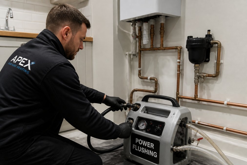 Professional technician performing power flushing work on central heating pipework with high-velocity equipment, showing system circulation and debris removal in action