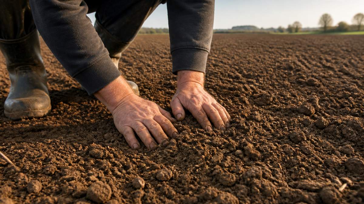 Farmer's hands pressing into freshly prepared seedbed soil, showing soil crumb structure and texture with morning light across the field