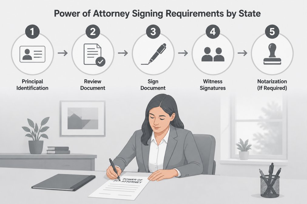 Professional demonstrating power of attorney document signing at desk with pen in hand, showing formal execution process with natural office lighting