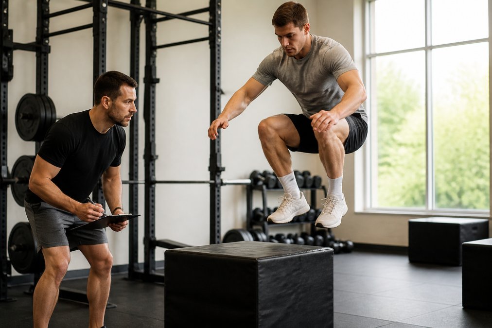 Athlete performing a box jump for power training while a coach monitors progress in a bright gym.