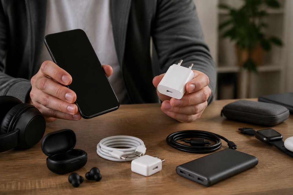 Person som holder en smartphone og USB-C-lader ved skrivebord med elektronikktilbehør spredt rundt, naturlig kontorbelysning
