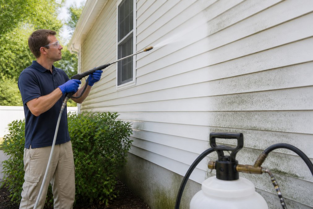 A technician in safety goggles using a low-pressure soft wash wand on vinyl siding, with a garden hose and chemical injector visible in the foreground, residential home exterior on a sunny day