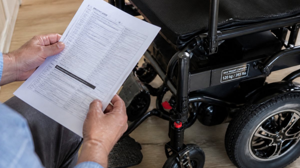 Close-up of a person's hands holding a product specification sheet beside a power wheelchair, with the weight capacity label clearly visible on the frame, natural indoor lighting
