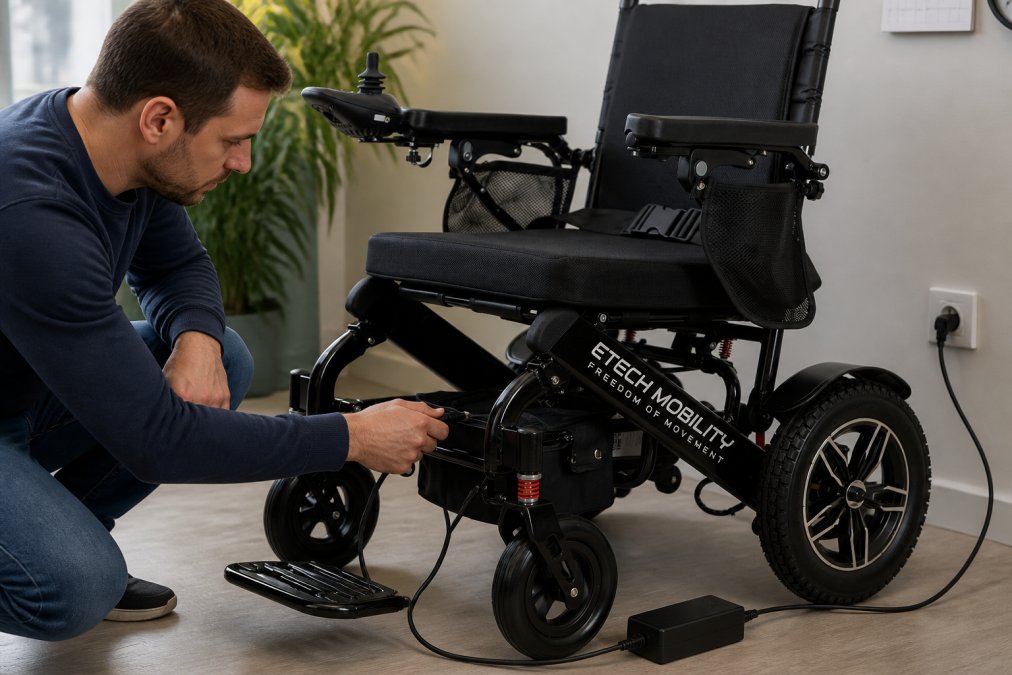 Person charging a powerchair battery indoors, showing the charging port and cable connection clearly, with a calendar or timer visible in background