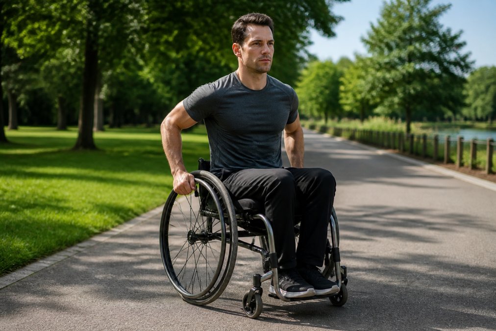 Active user propelling a lightweight manual wheelchair outdoors on a paved path, demonstrating arm propulsion technique with engaged upper body muscles and focused posture