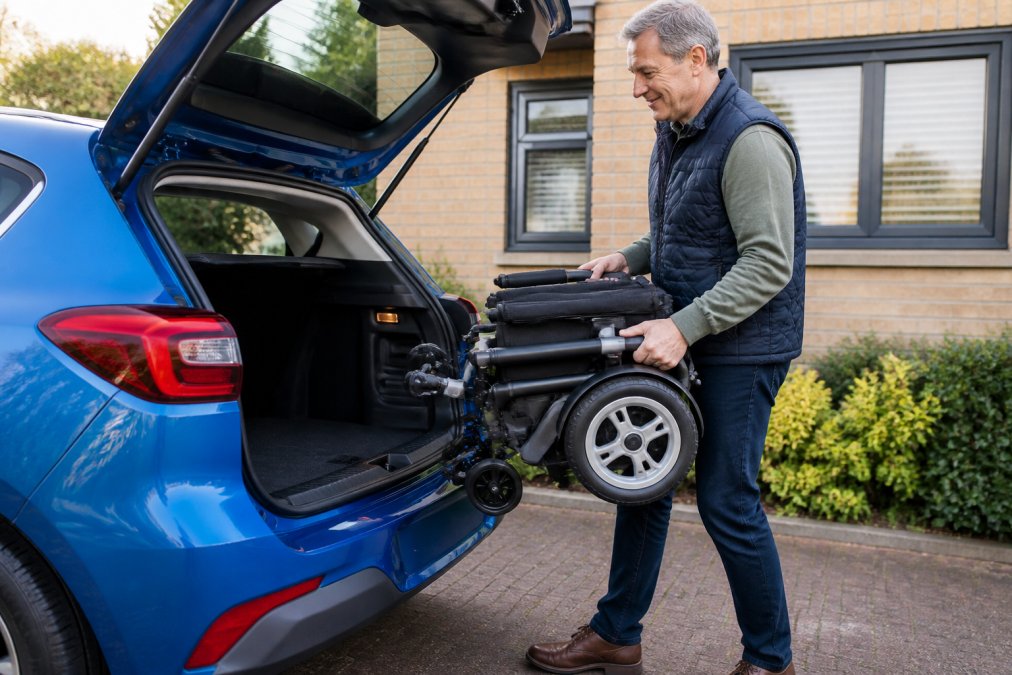 Person easily folding a compact powerchair and placing it into a car boot, demonstrating the practical storage and transportation advantage with relaxed posture and minimal physical effort