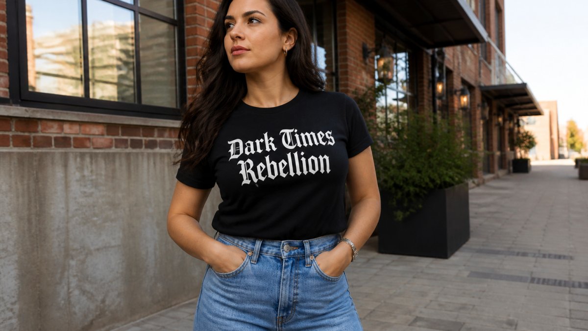 A woman wearing a bold Christian graphic tee tucked into high-waisted jeans, standing confidently in an urban outdoor setting with natural lighting