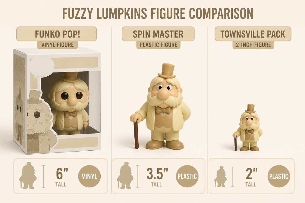 Size comparison chart of Funko Pop, Spin Master, and Townsville Pack fuzzy lumpkins collectible figures.