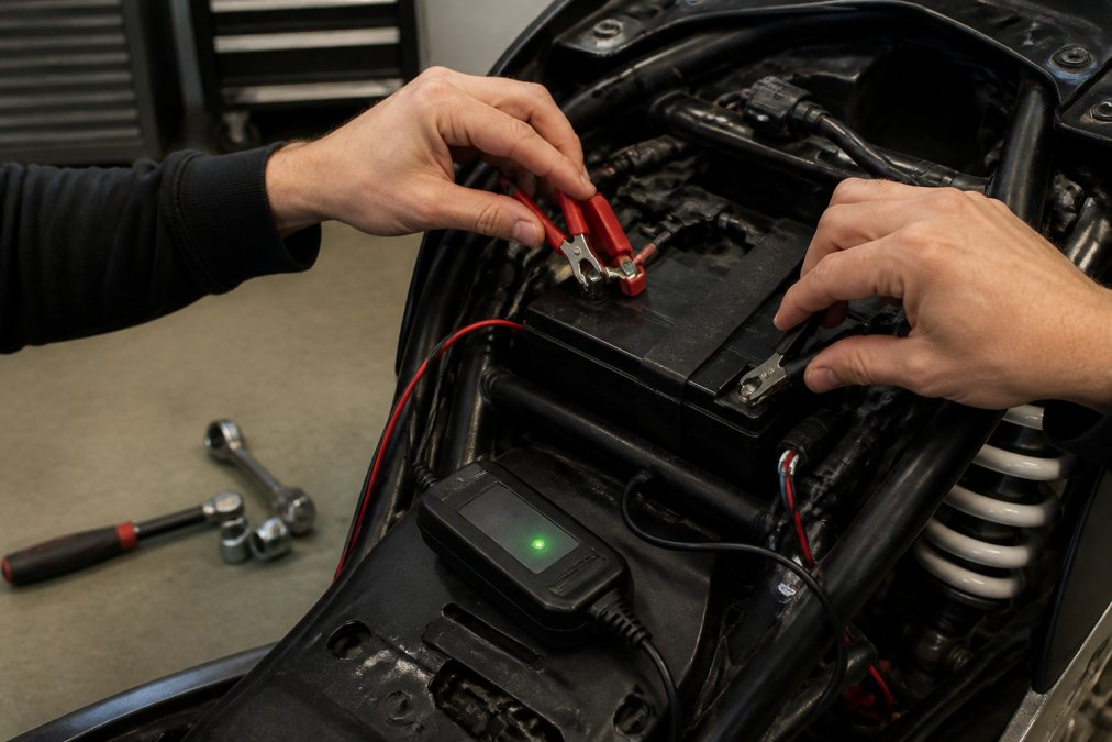 Close-up of hands connecting a small battery tender charger to a motorcycle battery in a garage, with the charger indicator light visible and tools nearby