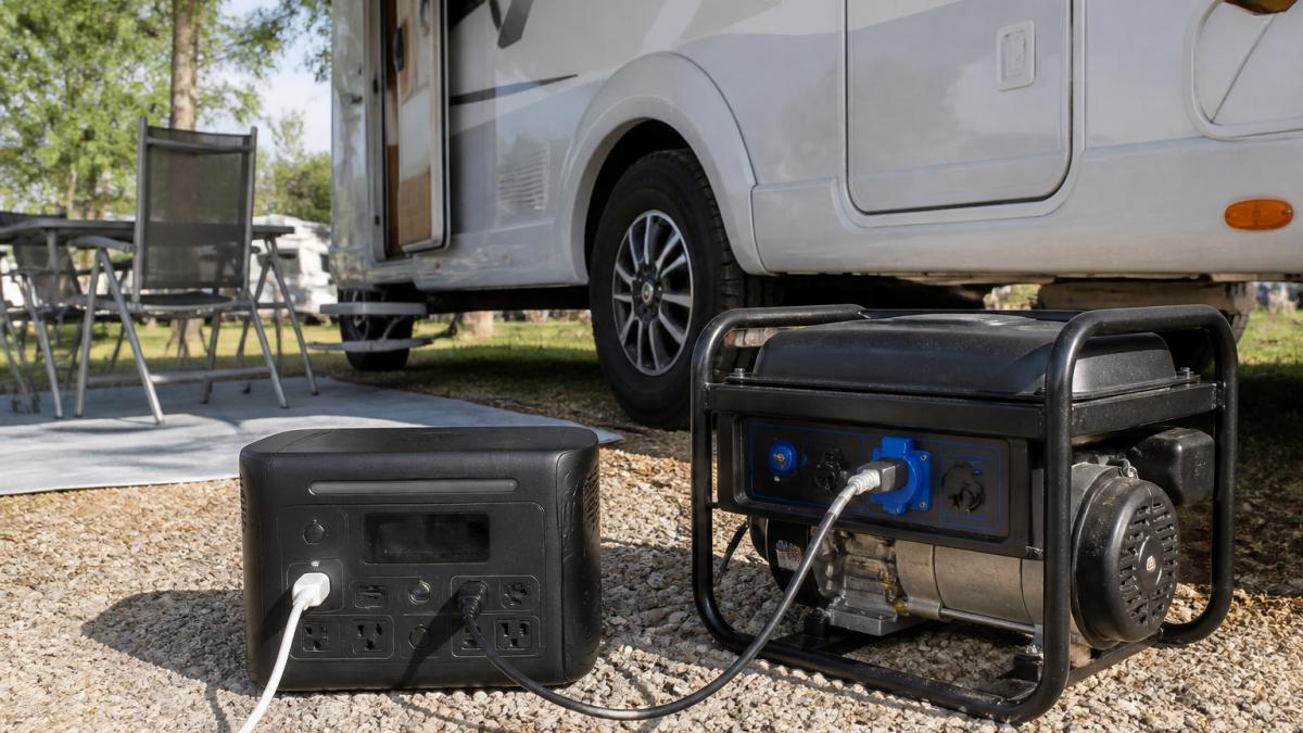 Campingplatz mit Wohnmobil: Im Vordergrund eine kompakte schwarze Powerstation neben einem tragbaren Generator auf dem Stellplatz, mit sichtbaren Kabeln und Anschlüssen, natürliches Tageslicht