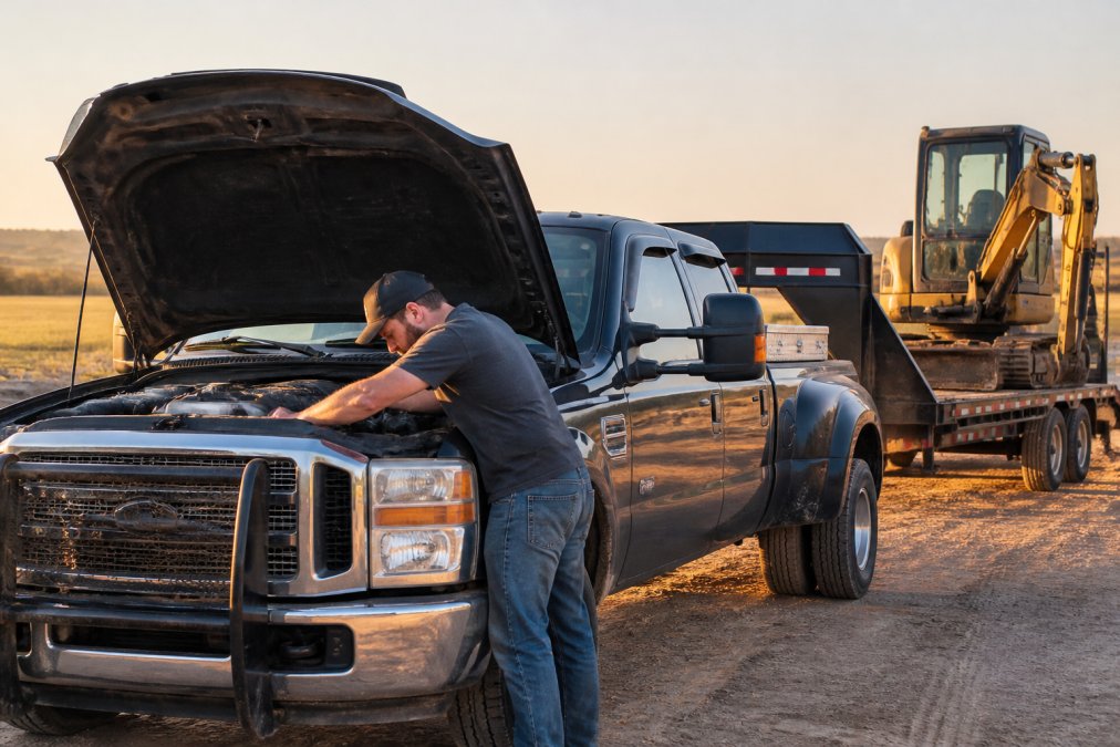 A heavy-duty Ford Powerstroke truck with a gooseneck trailer loaded with construction equipment, parked at a rural job site at golden hour, with the owner inspecting the engine bay
