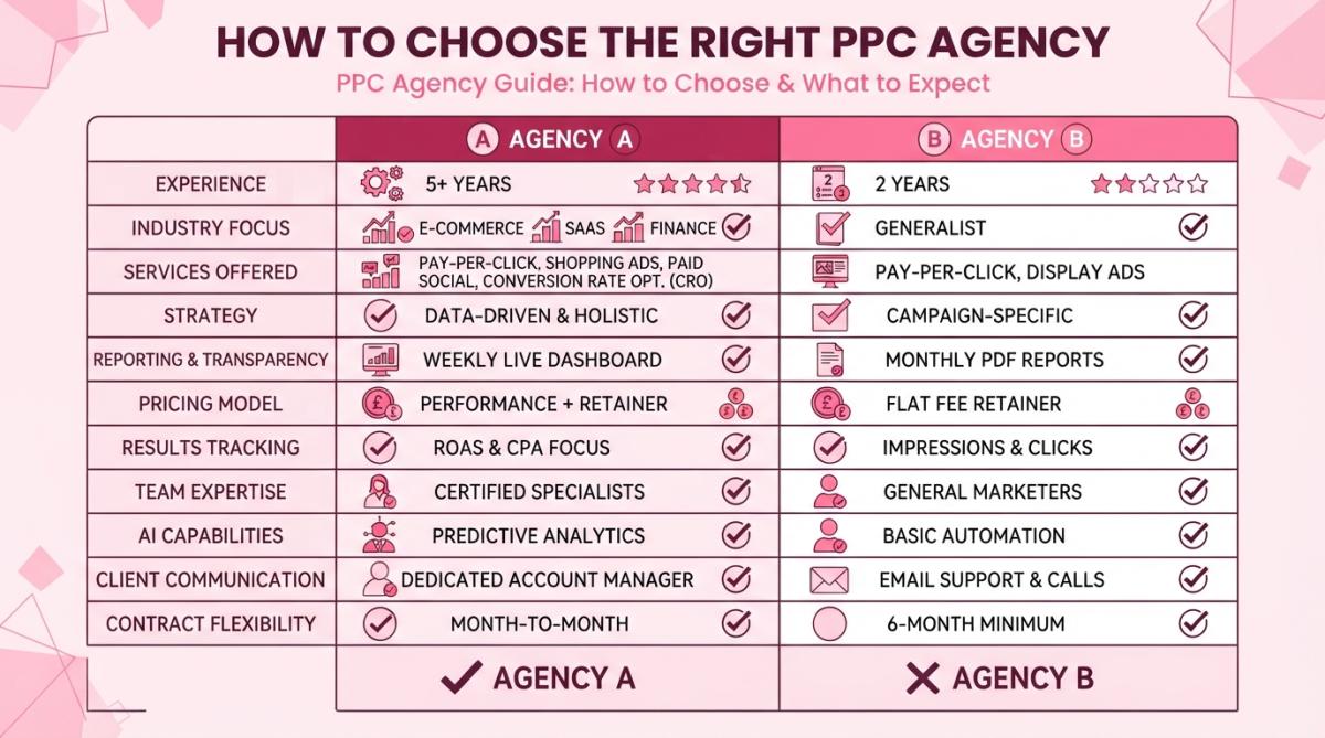 Side-by-side comparison of PPC agency evaluation criteria on a spreadsheet with checkmarks and ratings