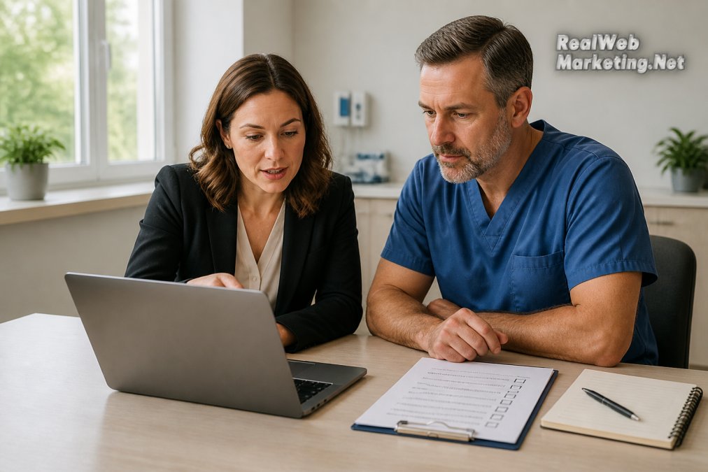 A marketing manager and a healthcare practice administrator reviewing PPC campaign metrics on a laptop in a bright clinic office, with a printed audit checklist and notepad on the desk