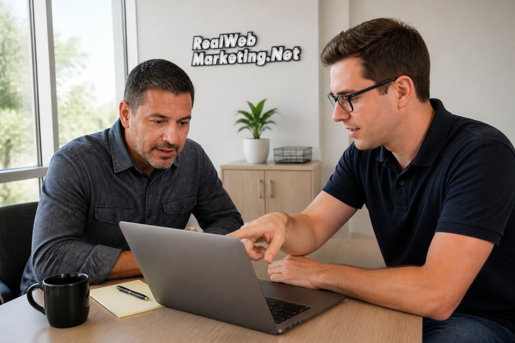 A small business owner in a work shirt reviewing a laptop screen showing campaign metrics while a marketing consultant points at the dashboard in a bright, modern office