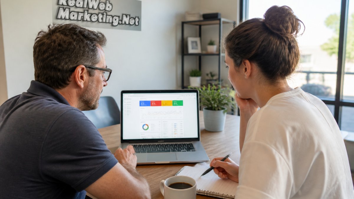 A small business owner and a marketer reviewing a laptop screen showing ad campaign dashboards in a bright office, with a notepad and coffee on the desk