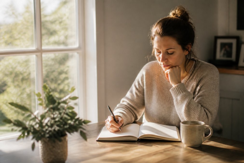 A mom sitting peacefully with a journal and coffee cup in early morning light streaming through a window, capturing a quiet moment of prayer and reflection