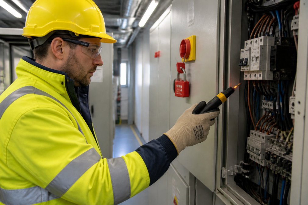 A maintenance worker in PPE using a voltage tester on an electrical panel before beginning work, with a locked-out isolator switch visible in the background, industrial facility setting with overhead fluorescent lighting