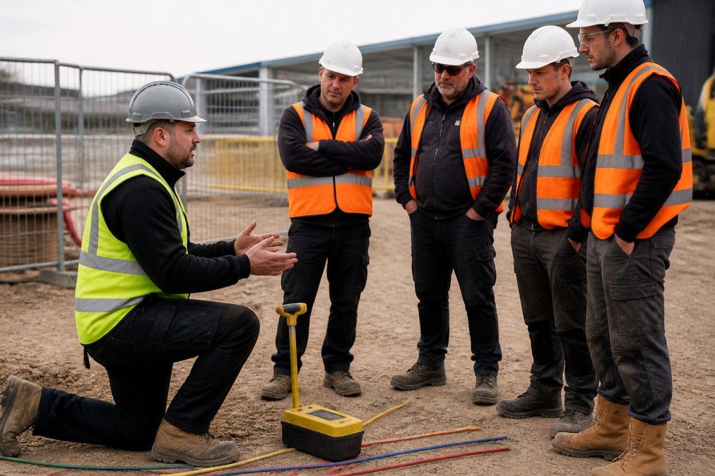 A trainer in a hi-vis vest leading a small group of construction workers through a hands-on electrical safety demonstration on a building site, with cable avoidance equipment visible and natural daylight