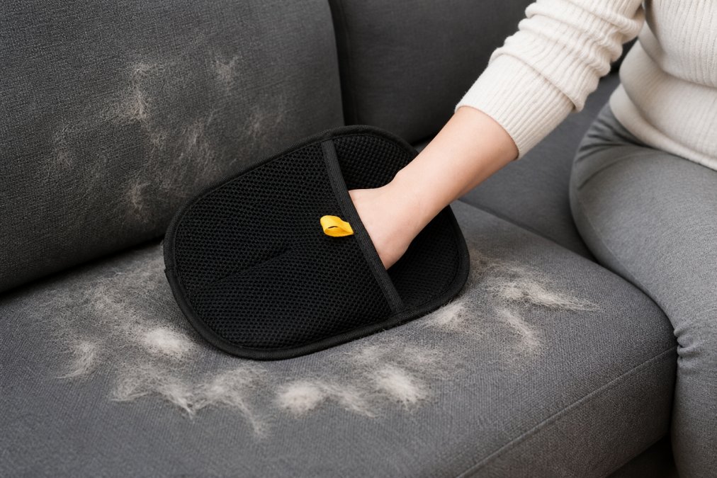 Close-up of hands using a fur remover glove on a sofa with pet hair being collected, showing practical ease of use and immediate results