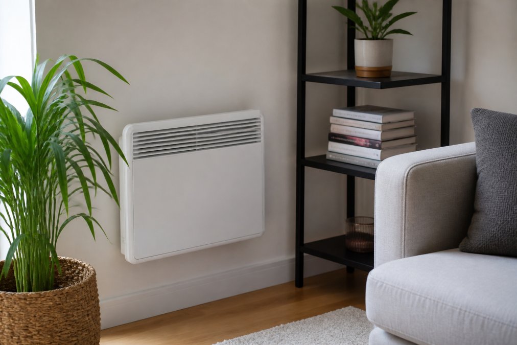 Close-up photo of a compact white wall-mounted space heater in a small modern living room, with a green plant and a stack of books on a nearby shelf to show scale