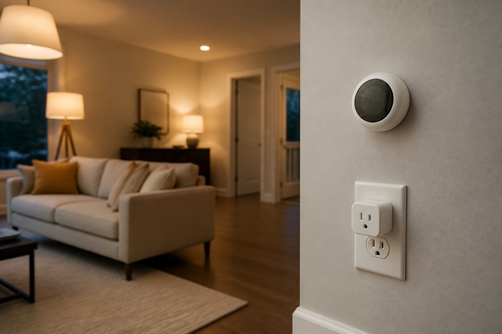 A modern living room with a white smart thermostat mounted on a painted wall, a compact smart plug in a nearby outlet, and warm ambient light from smart bulbs illuminating a clean, minimally furnished space in the early evening