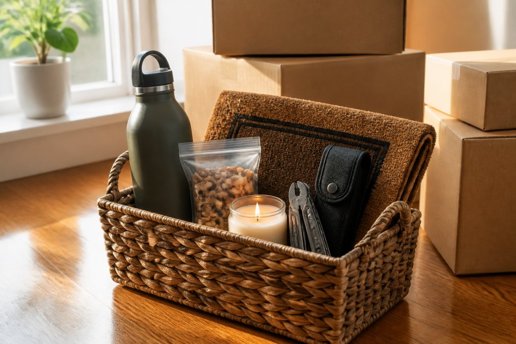 A neatly assembled gift basket placed on a hardwood floor surrounded by stacked cardboard moving boxes, containing a reusable water bottle, a small bag of trail mix, a Leatherman multitool in its case, a lit soy candle, and a folded doormat, photographed in warm afternoon light near a window