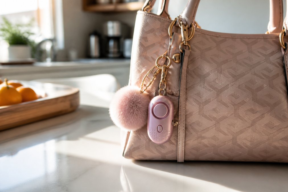 A stylish keychain with a sleek personal alarm attached to a designer-inspired handbag, photographed on a bright modern kitchen table with natural sunlight