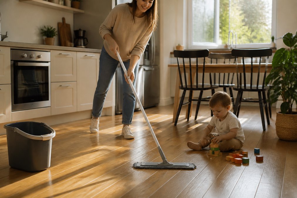 A parent effortlessly mopping a sunlit kitchen floor with a flat mop while a toddler plays with blocks nearby, the bucket visible in the corner, warm afternoon light through the window