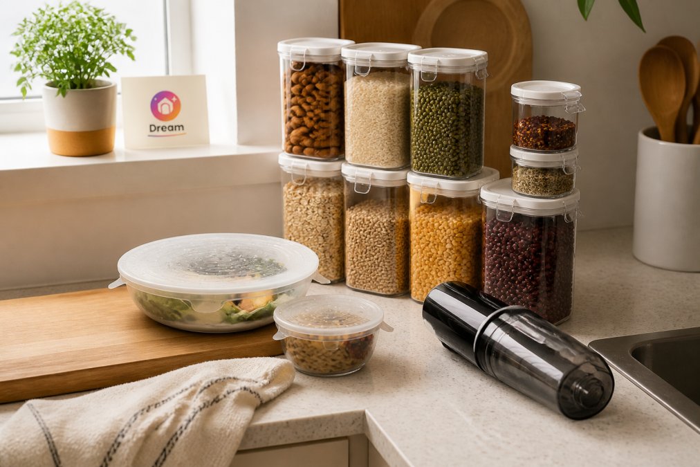 Compact kitchen counter featuring stackable storage jars, reusable silicone lids, and a small handheld vacuum.