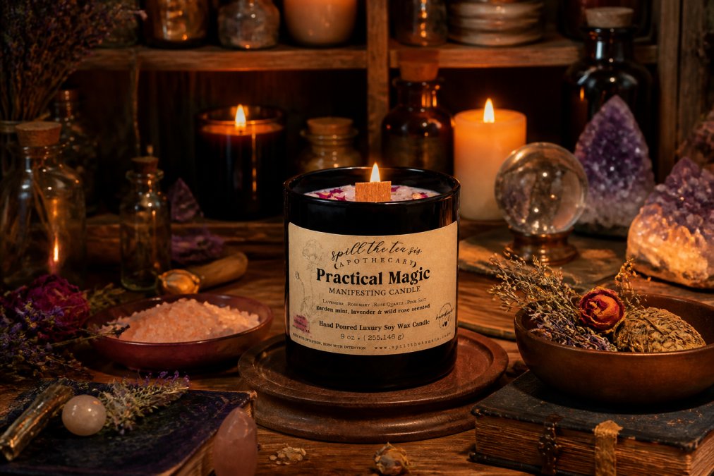 Moody, atmospheric interior of a witch's home with candles, herbs, and crystals arranged on wooden shelves and tables, warm candlelight casting dancing shadows on vintage books and glass bottles
