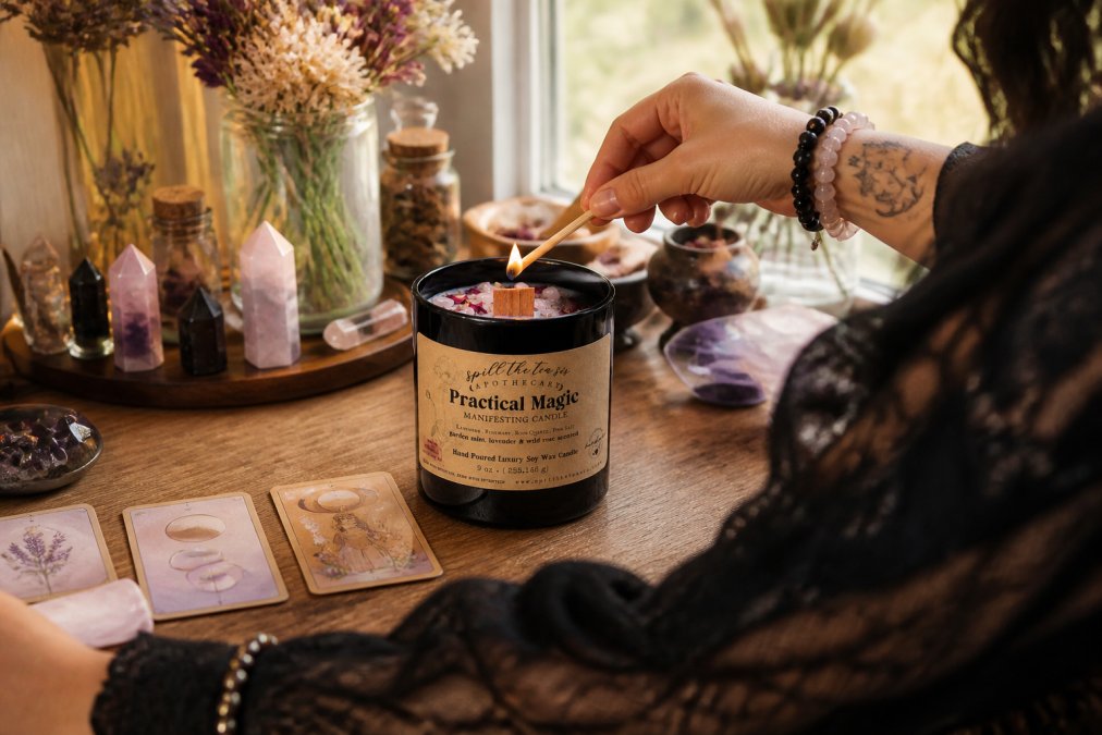 A person creating a sacred space with intention candles, tarot cards, and crystals arranged on a wooden altar or table in a peaceful home setting, natural light filtering through a window