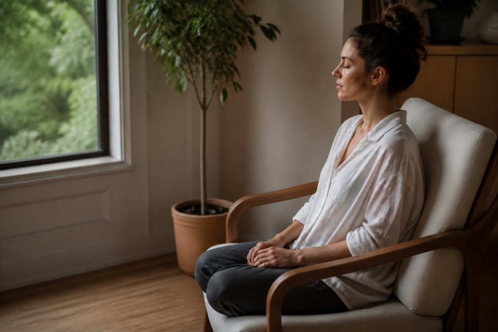 Person sitting in a quiet, naturally lit space with hands resting calmly on their lap, shoulders relaxed, demonstrating a centered and grounded posture during a moment of pause