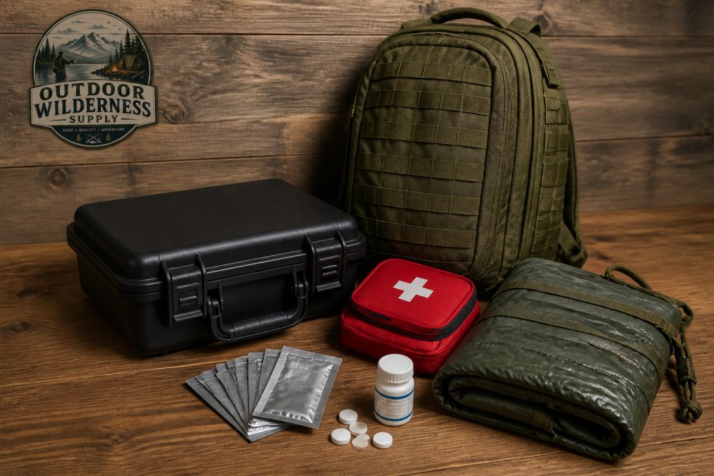 A flat-lay photograph of a budget prepper's survival kit spread on a wooden table: a compact emergency kit box, a tactical backpack, a first aid pouch, water purification tablets, and an emergency sleeping bag, arranged neatly with natural lighting
