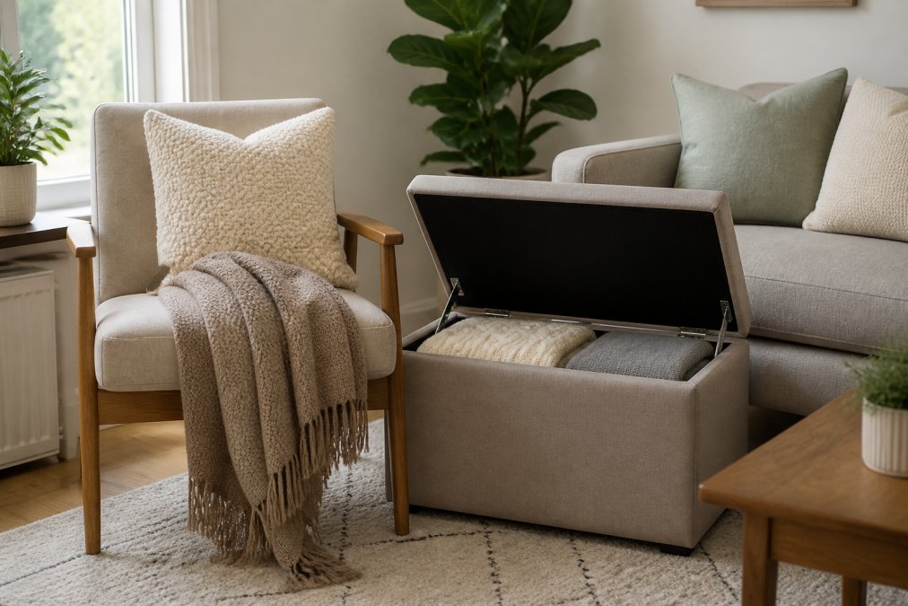 Infographic illustrating functional home decor ideas for maximizing storage in a compact living room corner