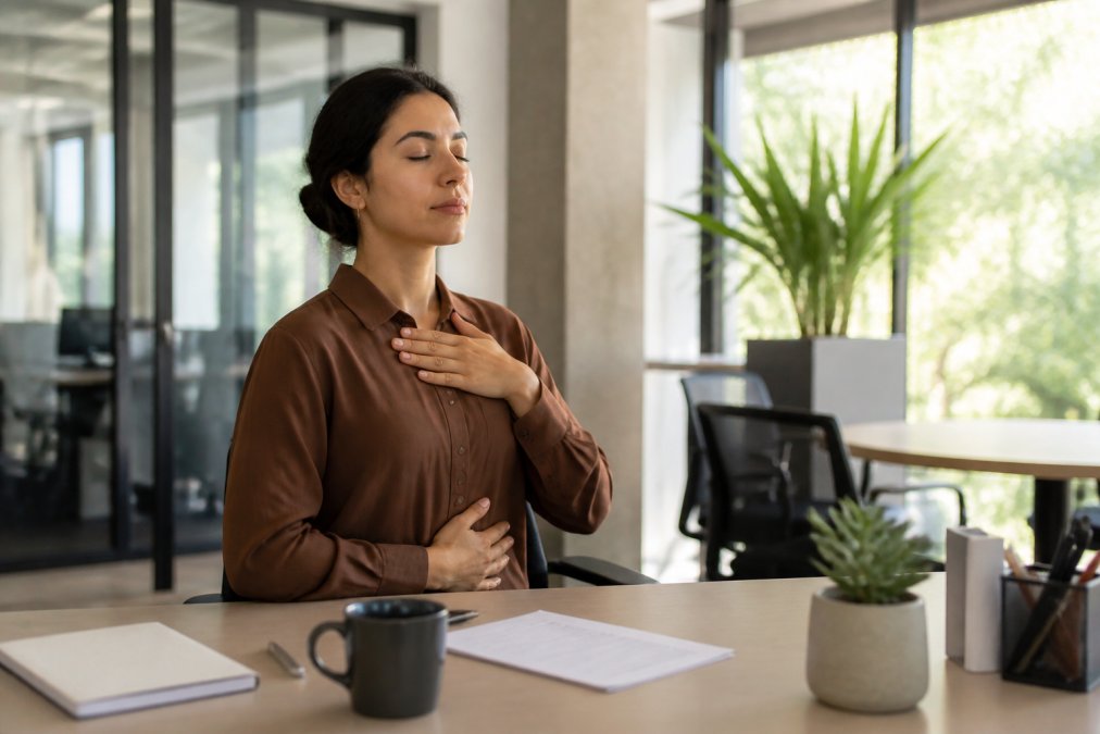 Professional demonstrating deep breathing technique in modern office setting, seated at desk with eyes closed and calm expression, natural light from window, minimalist workspace