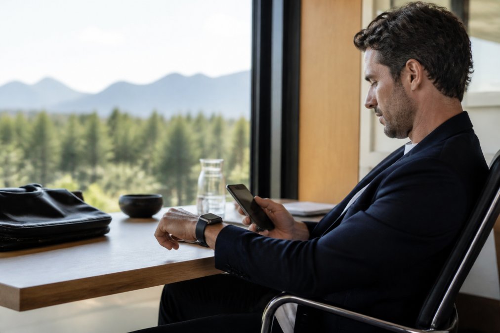 Professional wearing fitness tracker on wrist, checking health metrics on smartphone screen while seated at modern workspace desk, wellness and work environment blend