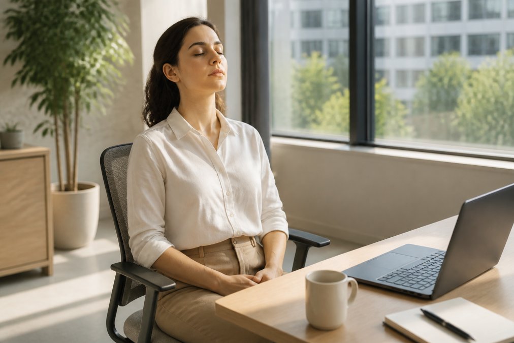 Professional woman taking a mindful breathing break at her bright, modern desk during a workday.