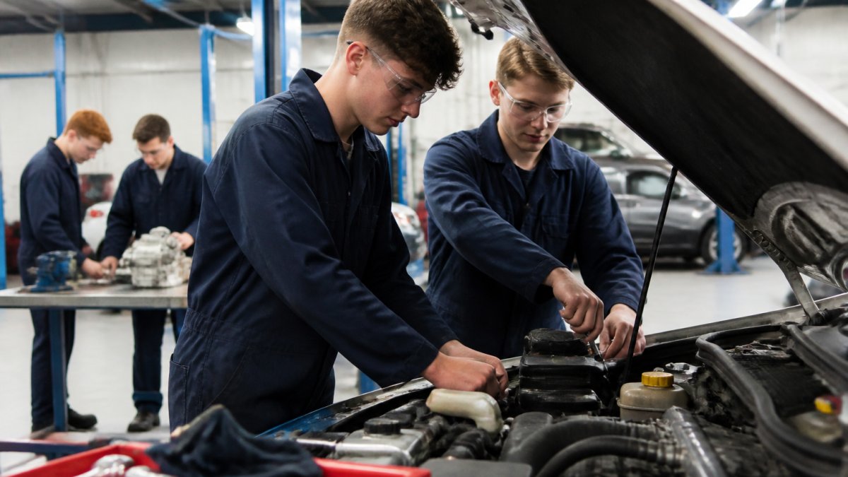 Automotive students in a workshop environment practising hands-on tasks on a vehicle, with tools and equipment visible around them, bright overhead lighting