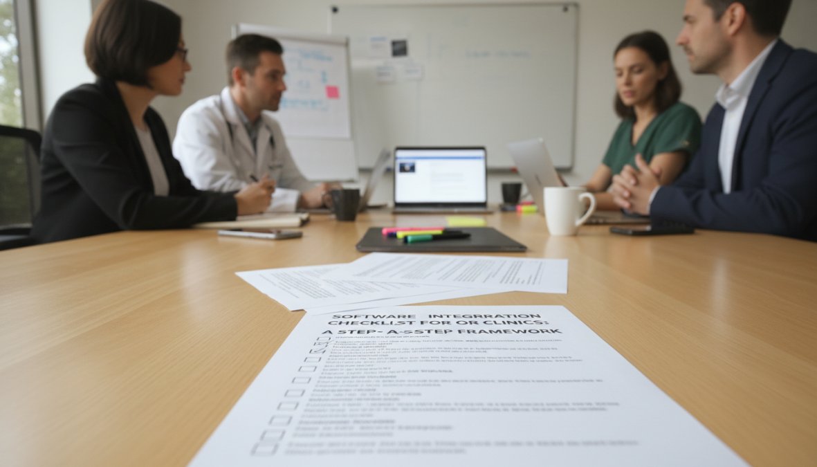A cross-functional healthcare team gathered around a conference table reviewing printed checklists and laptops during a software planning meeting, bright conference room lighting, mix of clinical and administrative staff