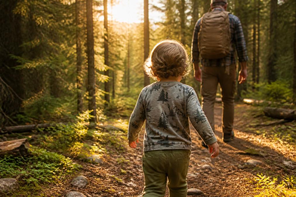 A toddler wearing a woodland-themed long-sleeve tee exploring a forest trail with a parent, golden afternoon light filtering through pine trees