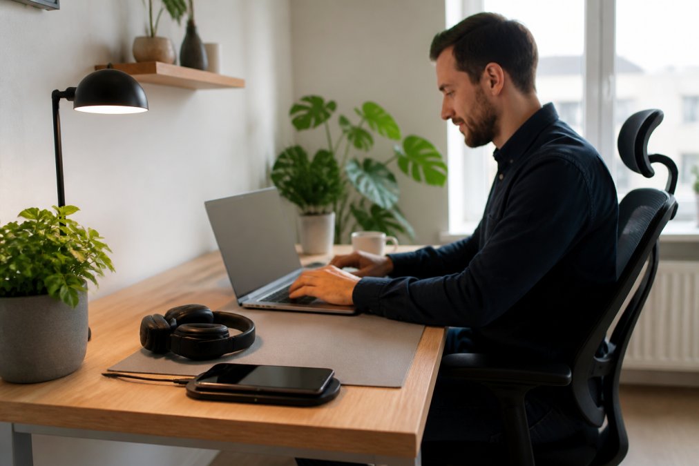 Person som jobber ved et moderne hjemmekontor med praktiske gadgets som trådløs lader og hodetelefoner.