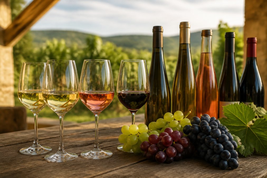 Eine Auswahl von Weingläsern mit Weißwein, Rotwein und Rosé auf einem Holztisch, daneben Weinflaschen und frische Trauben, die die Vielfalt der Rebsorten zeigen