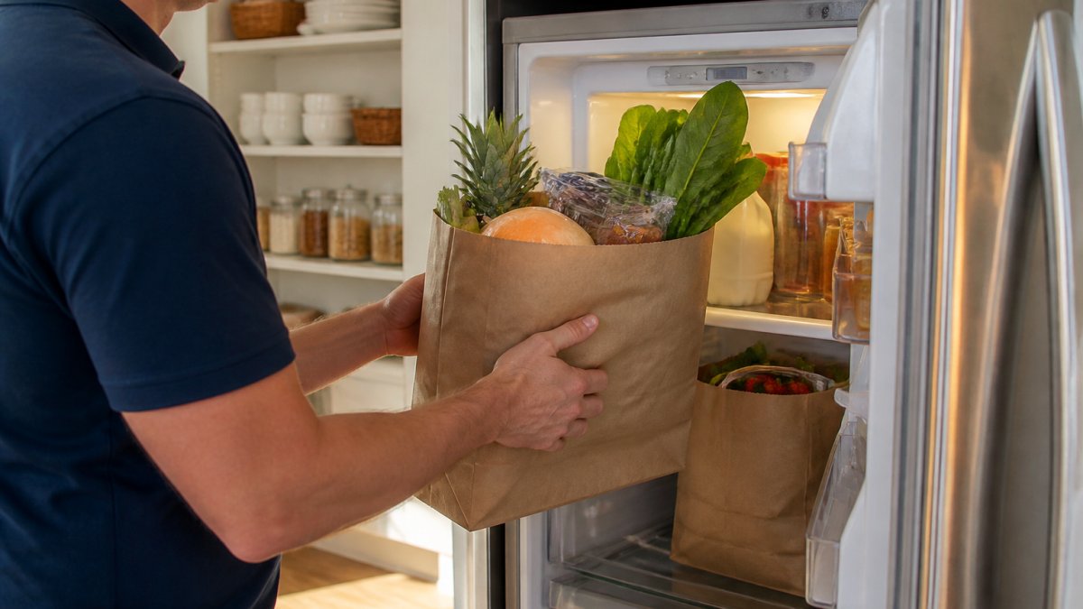 Delivery worker stocking a vacation rental fridge with fresh produce for a pre-arrival grocery delivery service.