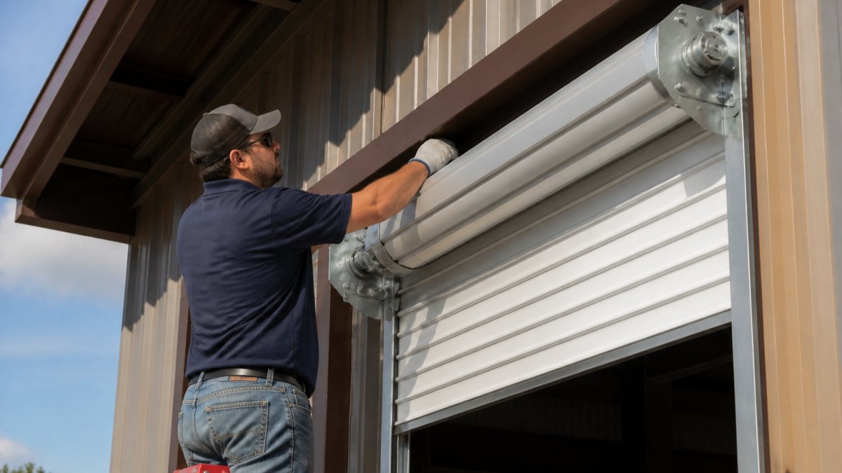 Professional contractor installing a pre-assembled roll-up door on a commercial building opening, showing mounted brackets and tensioner hardware in afternoon sunlight