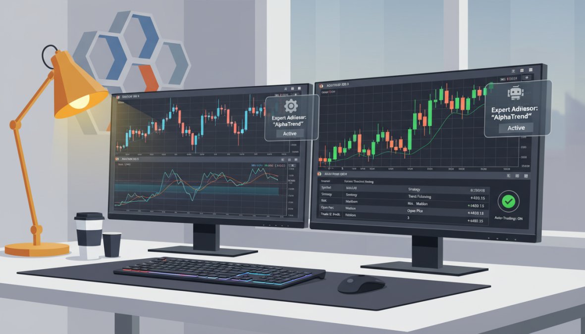Close-up of a trader's dual-monitor setup displaying MetaTrader 5 charts with candlestick patterns and active Expert Advisor panels in a home [trading](/mt5-trading-systems-no-upfront-fee/) office, warm desk lamp illuminating keyboard and screens in a focused evening work environment