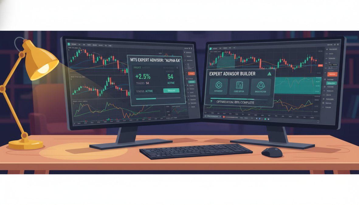 A focused professional working late at a desk with a laptop showing server uptime dashboards and green status indicators, blue monitor glow reflecting off a dark office window at night, symbolizing continuous automated trading system monitoring