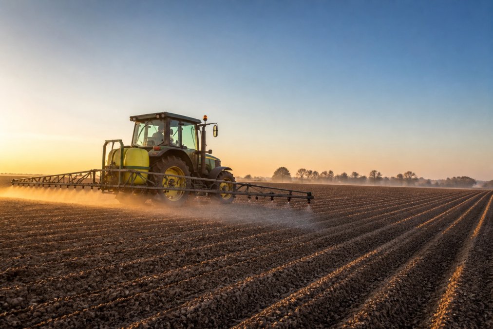 Farmer spraying pre-emergent herbicide across freshly prepared field at dawn, with clear sky and visible soil rows in neat lines